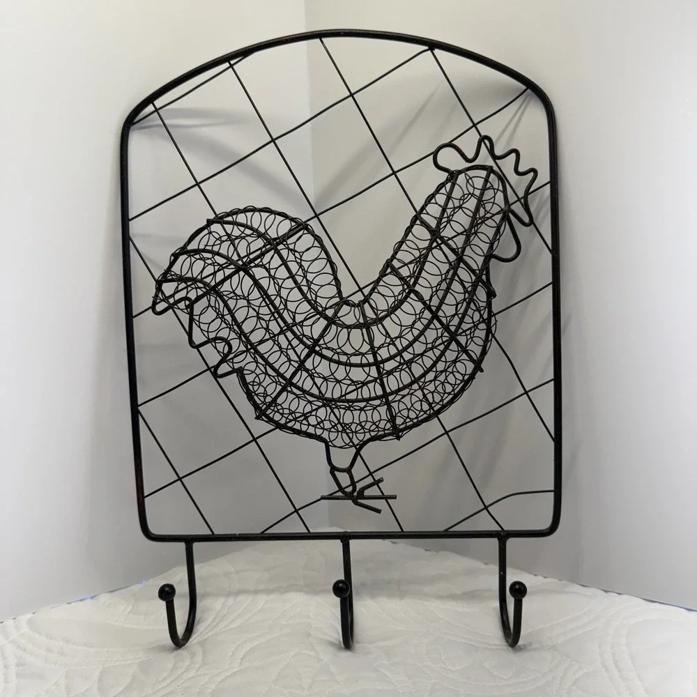 ROOSTER CHICKEN Metal Key Holder -‎ Three Hooks for Hanging Misc Items 10